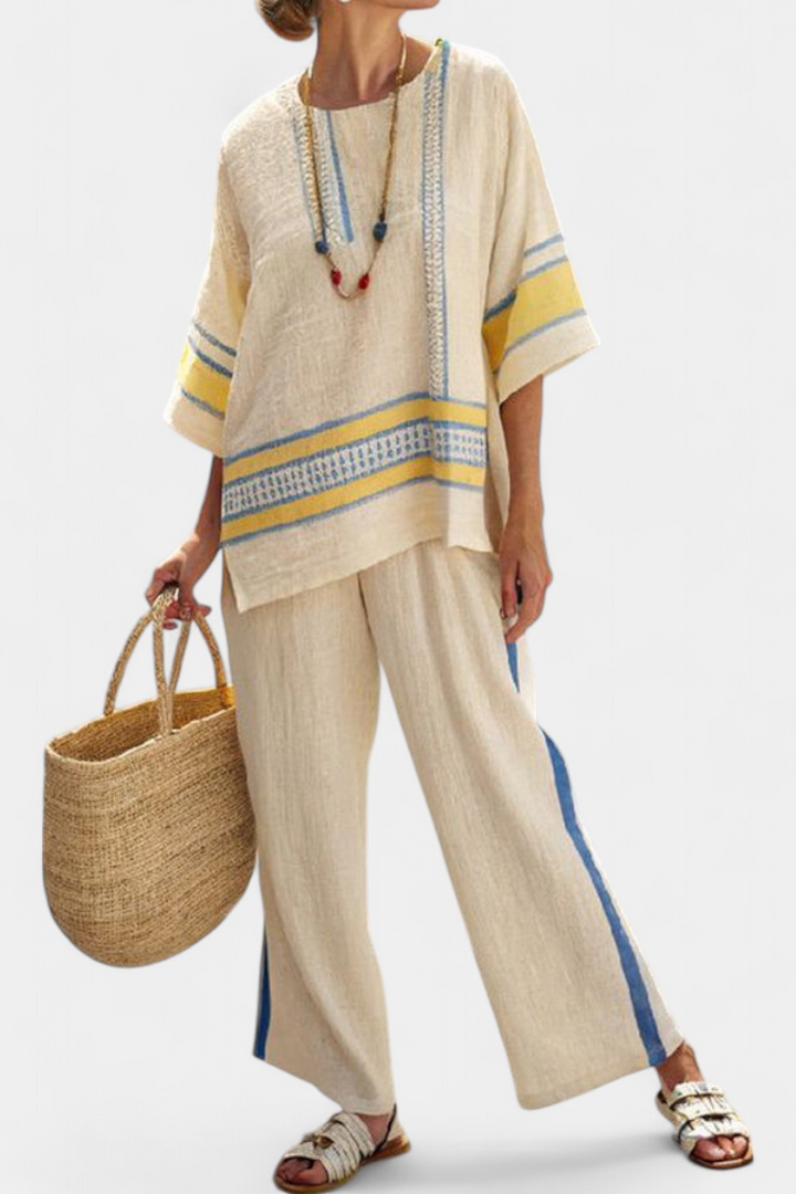 Jaxmere | Blusa confortável mediterrânea azul e amarela e calça de linho