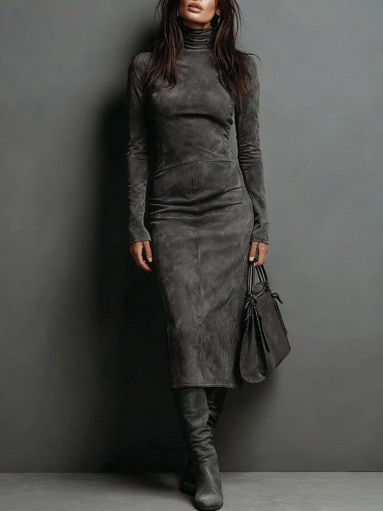 Hadley | High Neck Long Sleeve Suede Midi Dress