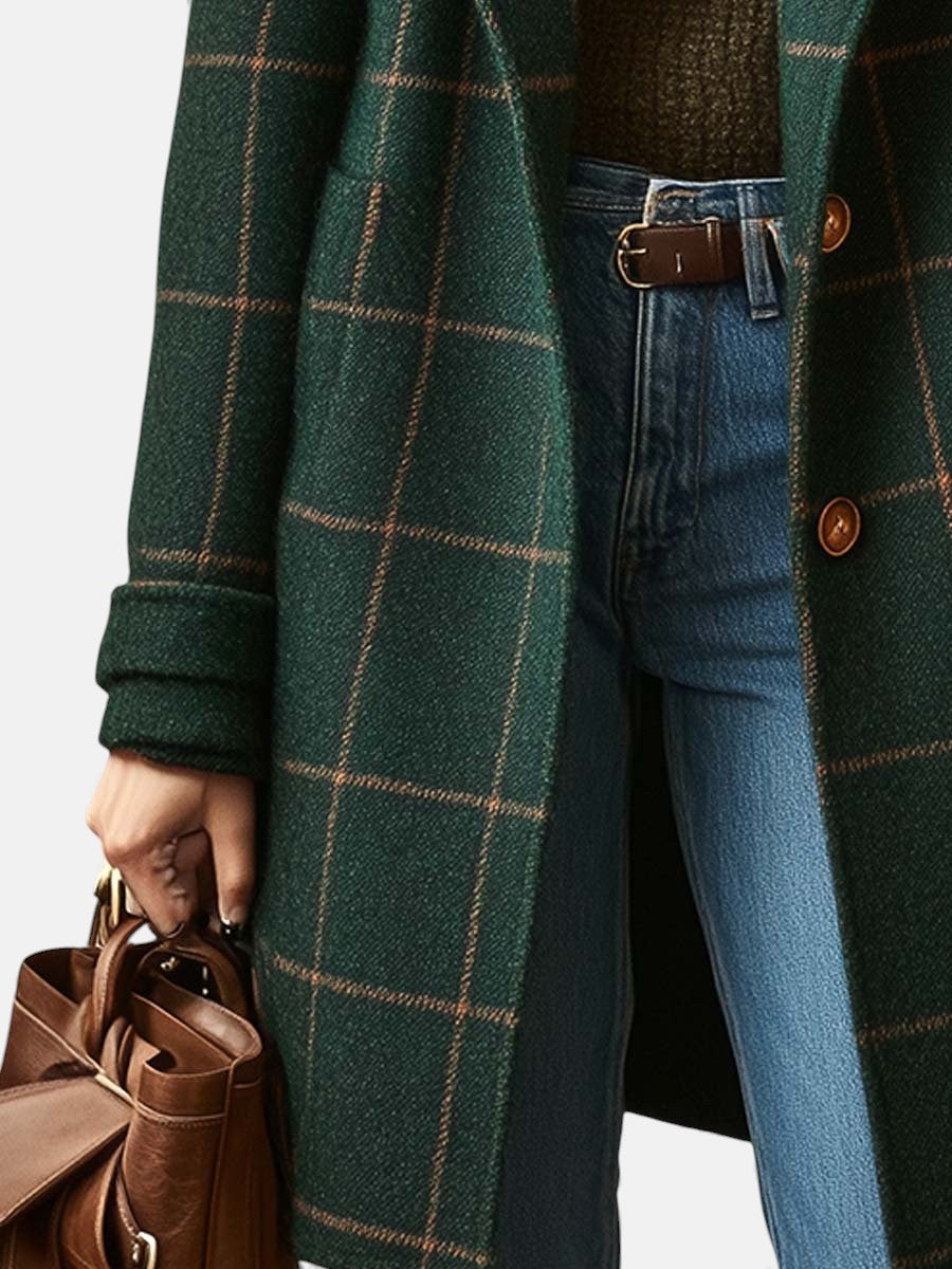 Manteau rétro pour femme en tweed à carreaux avec col à revers