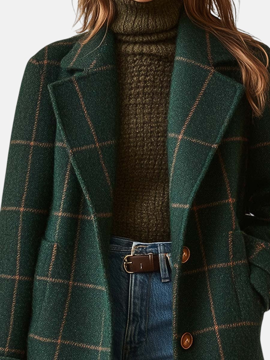 Manteau rétro pour femme en tweed à carreaux avec col à revers