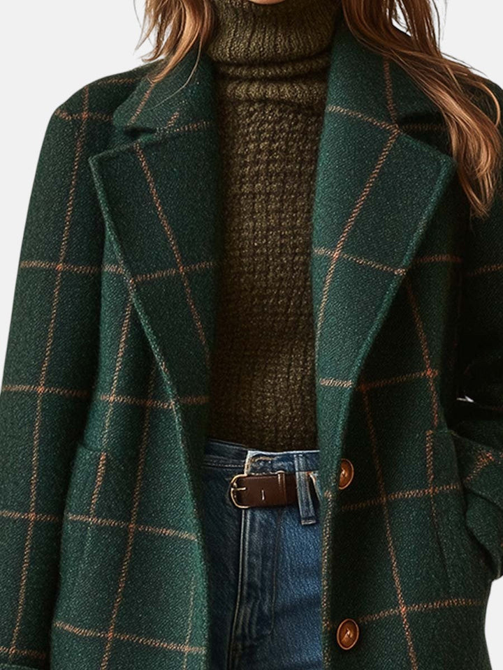 Manteau rétro pour femme en tweed à carreaux avec col à revers