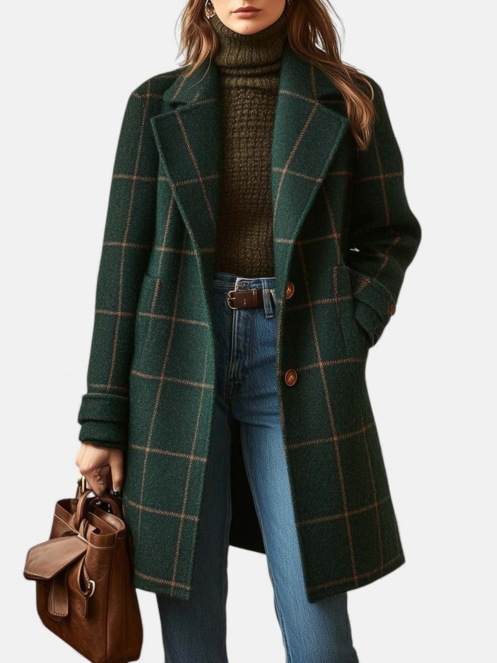 Manteau rétro pour femme en tweed à carreaux avec col à revers