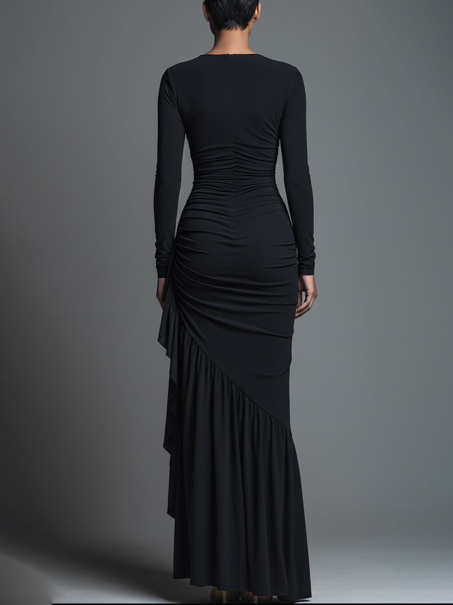 Dámské černé elegantní maxi šaty z džerseje s řasením