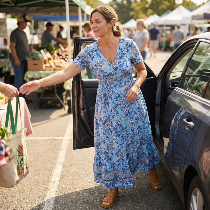 Women's Maxi Floral Dress with V-Neck and Short Sleeves