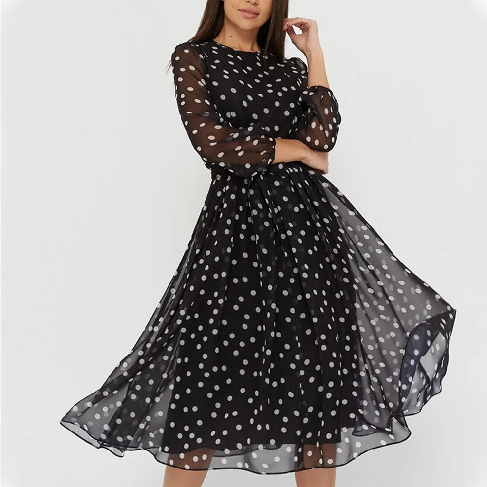 Women’s Elegant Long Sleeve Midi Dress with Waist Tie