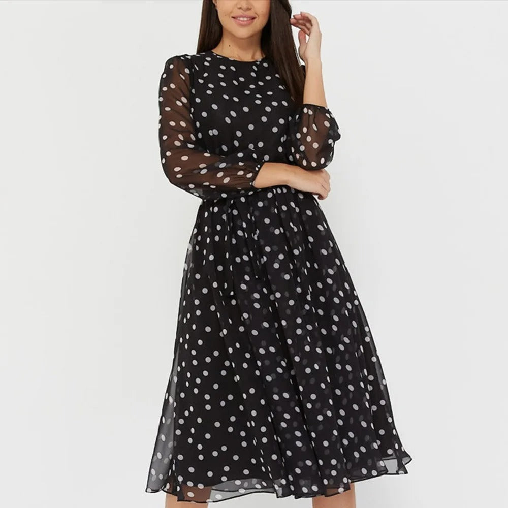 Women’s Elegant Long Sleeve Midi Dress with Waist Tie