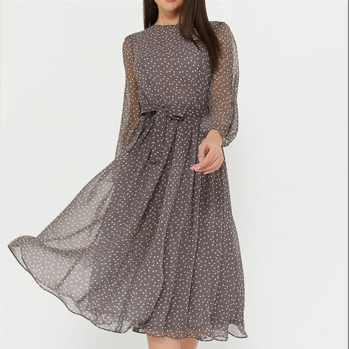 Women’s Elegant Long Sleeve Midi Dress with Waist Tie