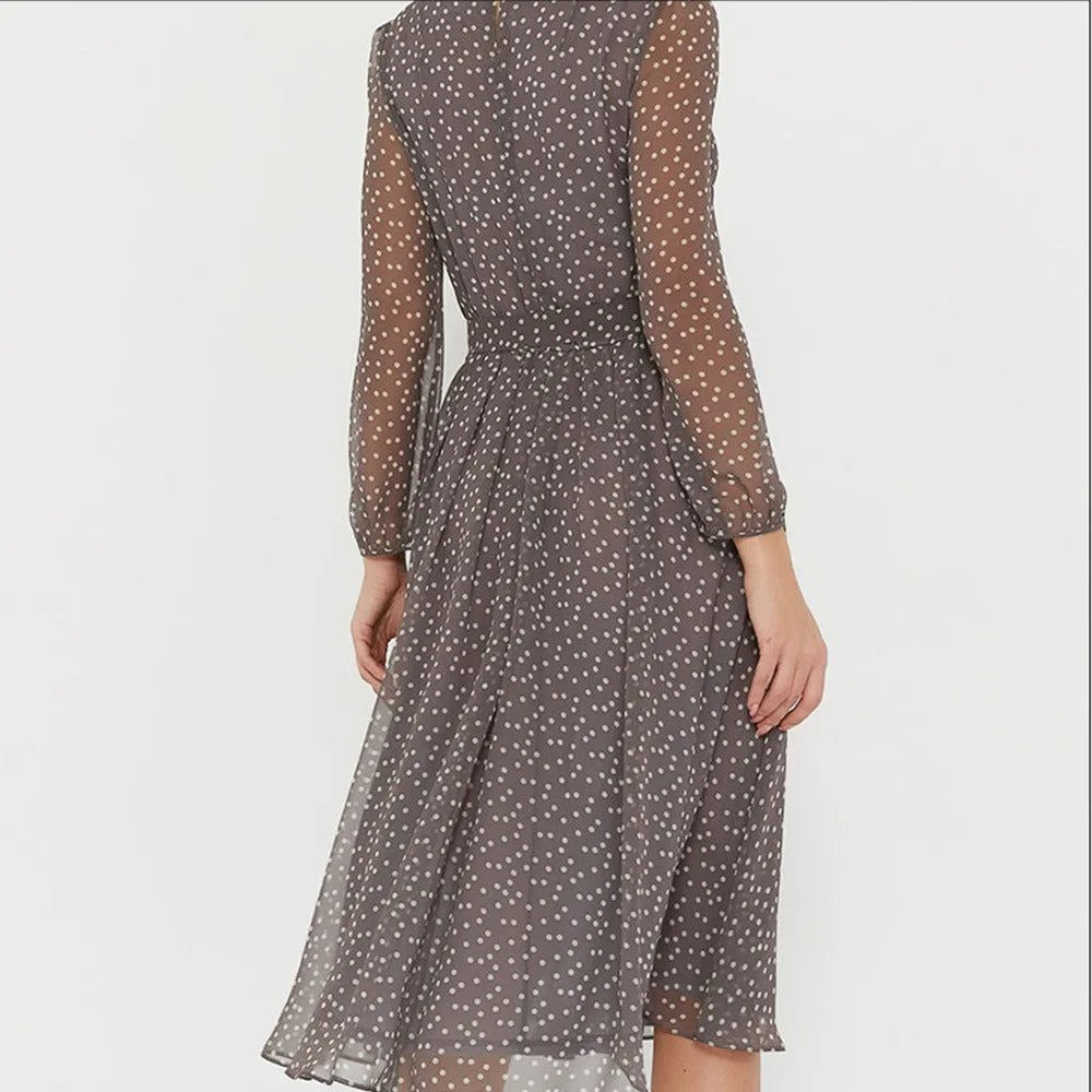 Women’s Elegant Long Sleeve Midi Dress with Waist Tie