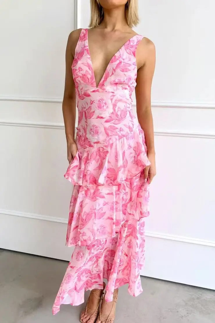Vestido Maxi Floral com Babados em Camadas para Mulheres