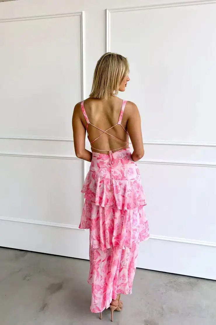 Vestido Maxi Floral com Babados em Camadas para Mulheres