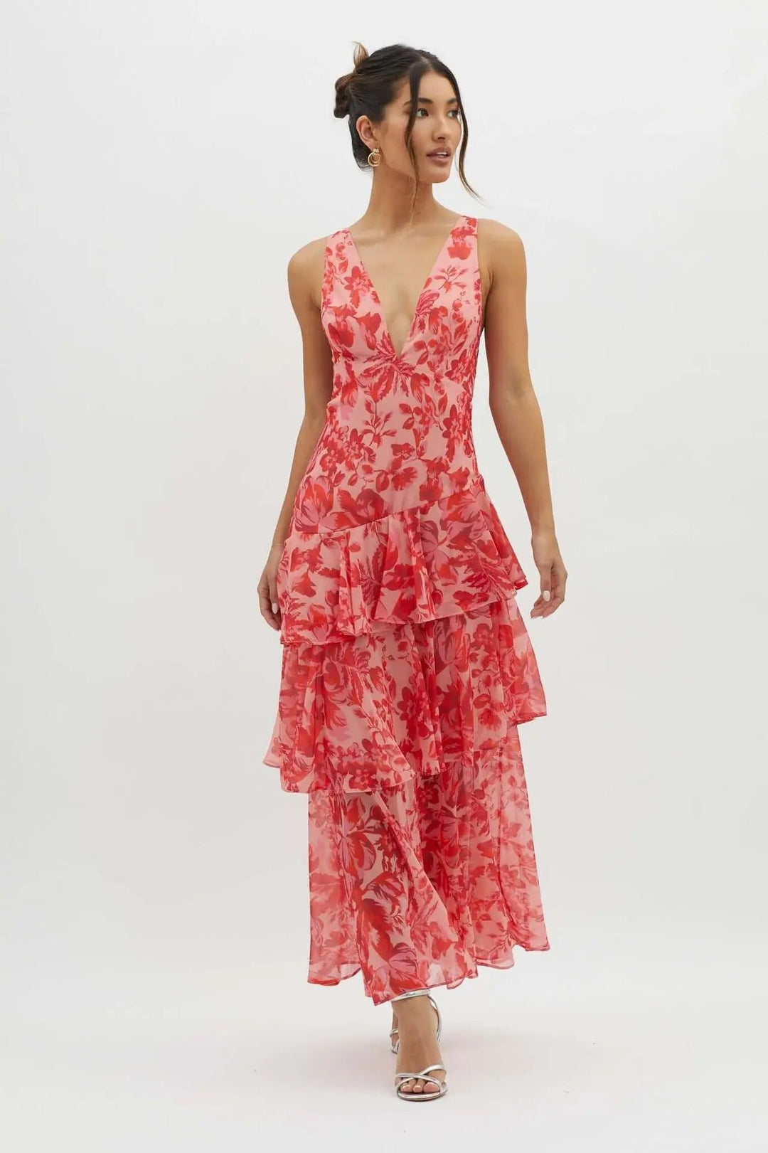 Vestido Maxi Floral com Babados em Camadas para Mulheres