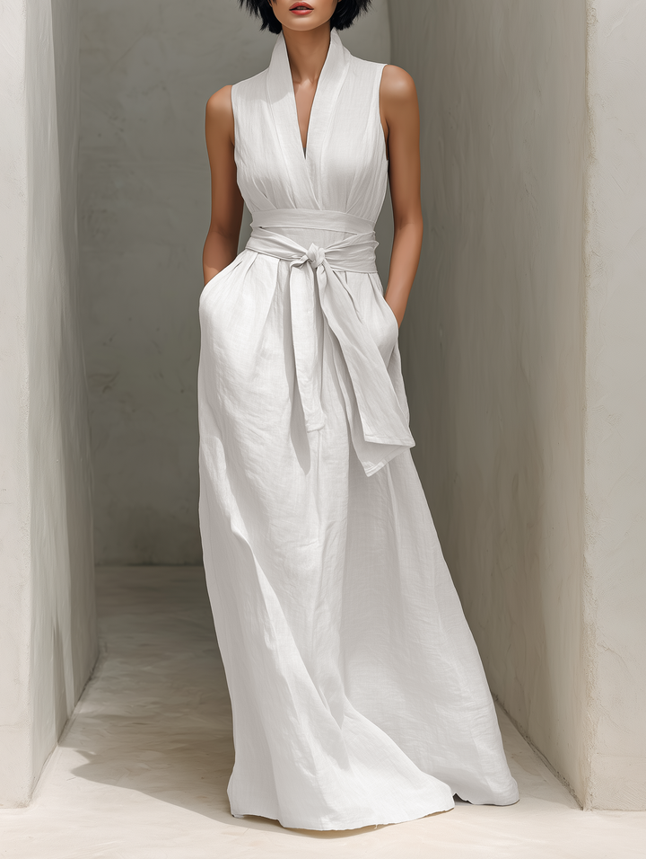 Women's Minimalist Cotton And Linen Blend V-neck Belted Sleeveless Maxi Dress