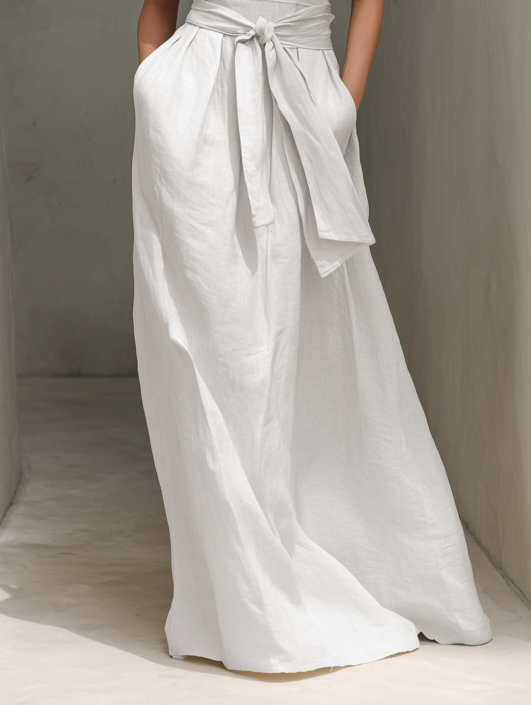 Women's Minimalist Cotton And Linen Blend V-neck Belted Sleeveless Maxi Dress