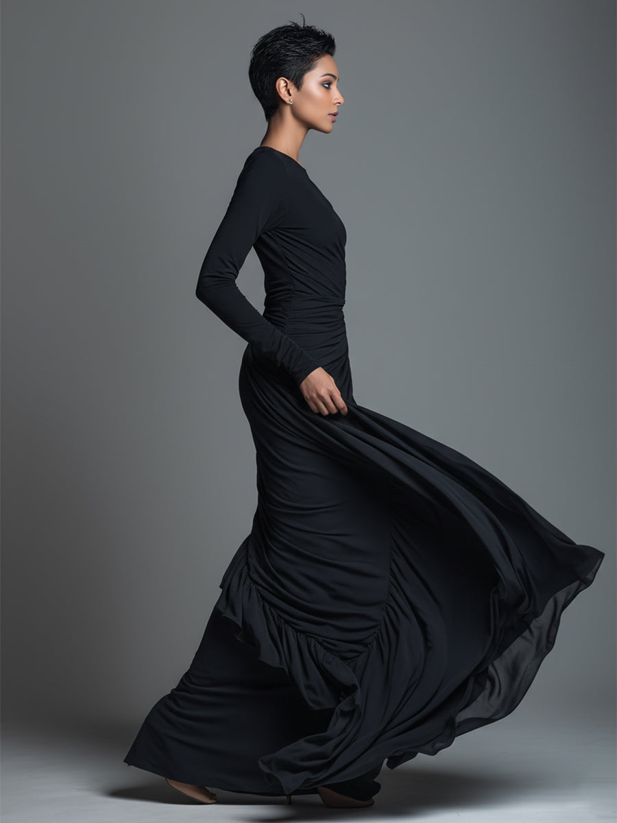 Dámské černé elegantní maxi šaty z džerseje s řasením