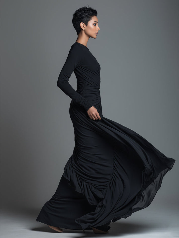 Dámské černé elegantní maxi šaty z džerseje s řasením