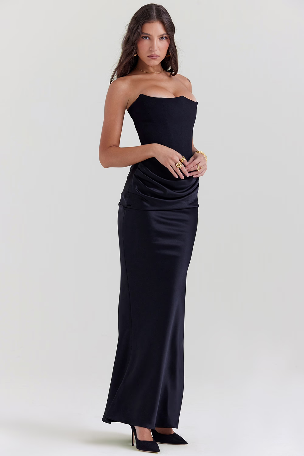 Women’s Elegant Strapless Maxi Dress with Ruched Waist
