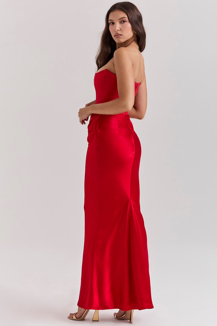 Women’s Elegant Strapless Maxi Dress with Ruched Waist