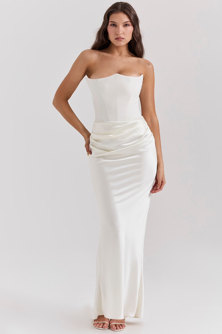 Women’s Elegant Strapless Maxi Dress with Ruched Waist