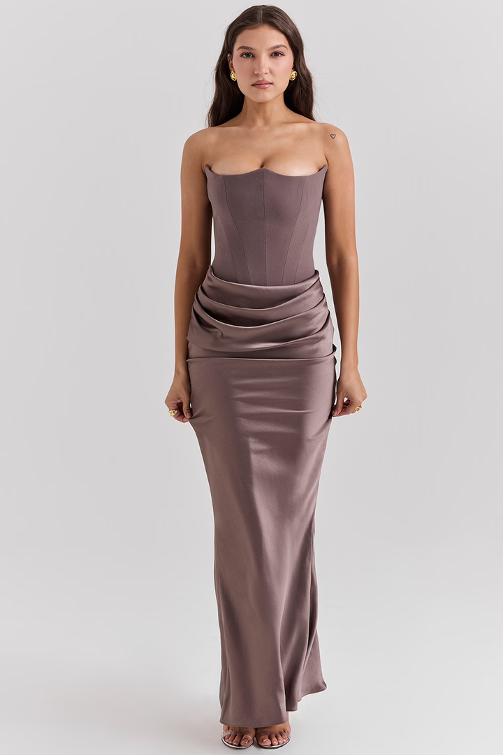 Women’s Elegant Strapless Maxi Dress with Ruched Waist