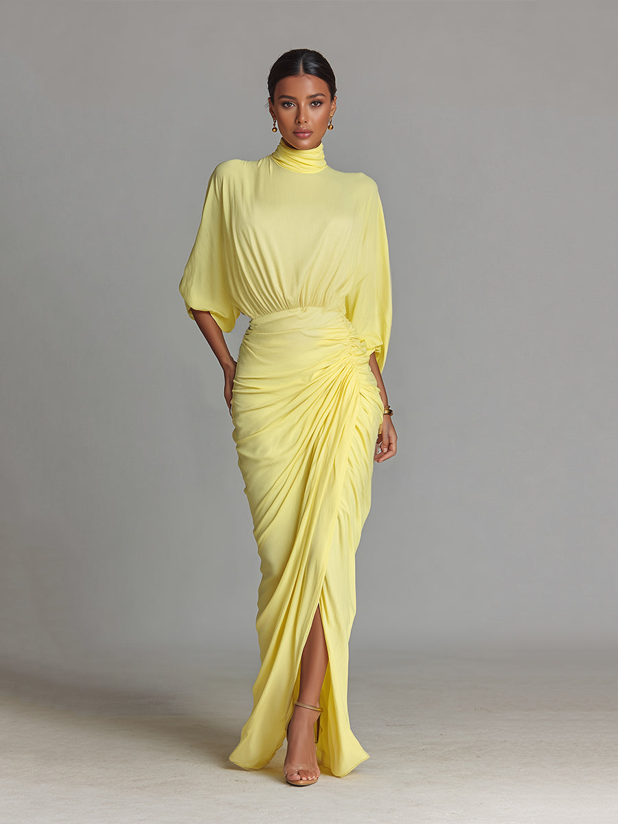 Vestito lungo da donna in misto tessuto, colore giallo brillante, con drappeggio, comodo
