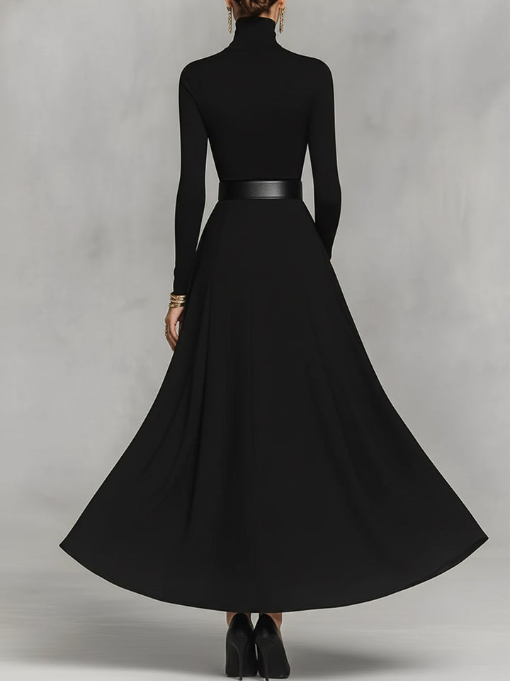Women's Black Knit Elegant High Neck Button Detail Maxi Dress