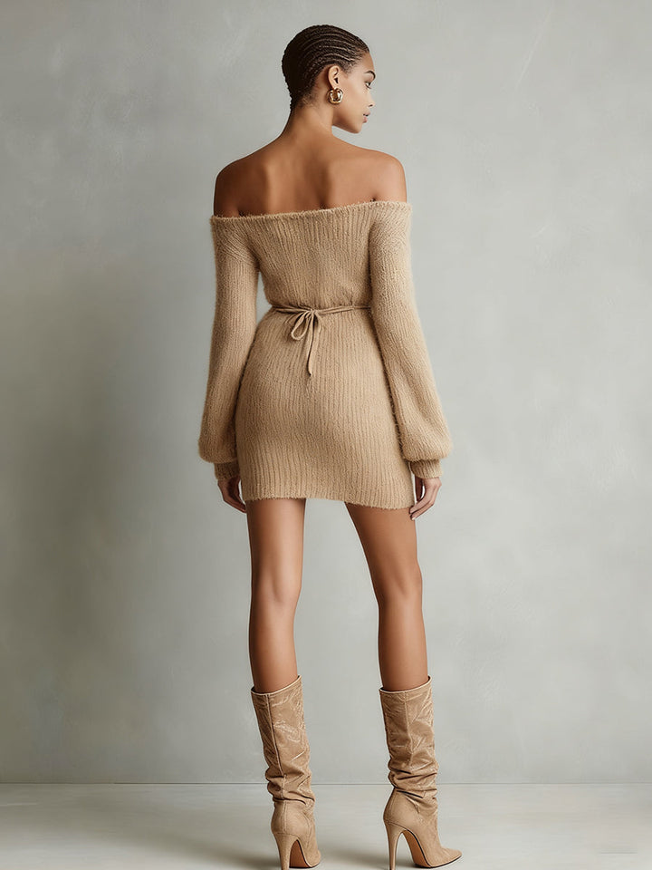Robe mini femme camel élégante en maille duveteuse à épaules dénudées avec ceinture